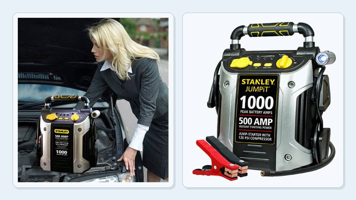 Portable roadside battery-rescue equipment beside a vehicle